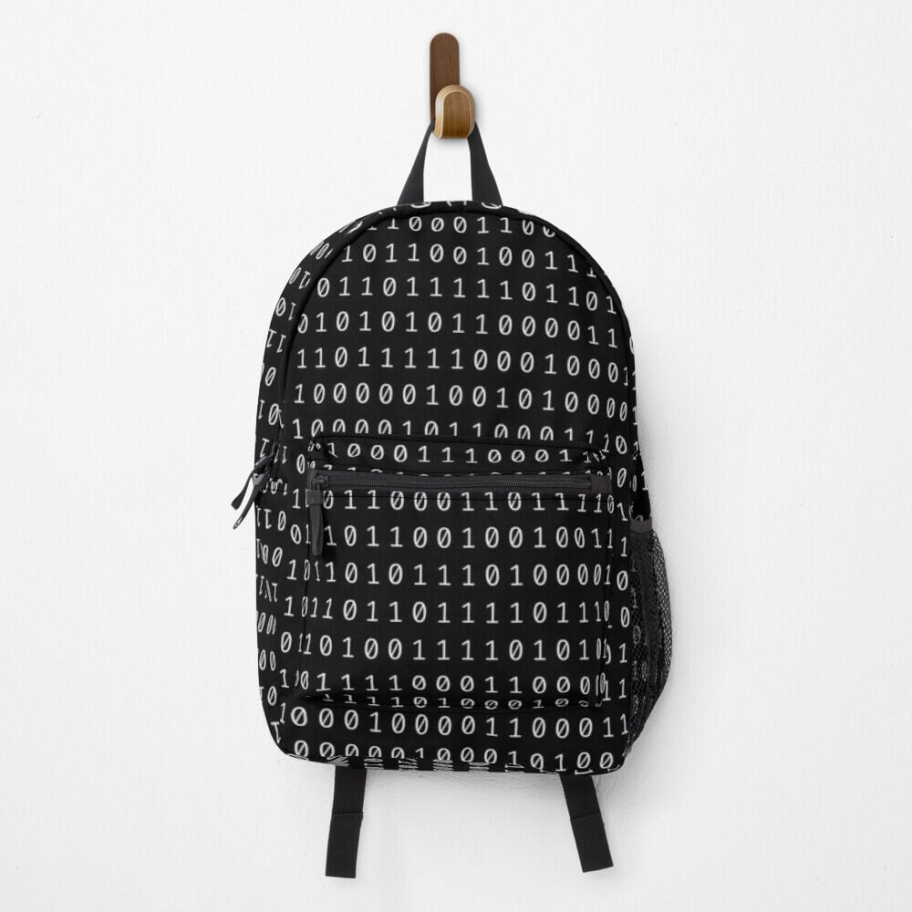 Black backpack with white 0s and 1s all over it, hanging on a hook